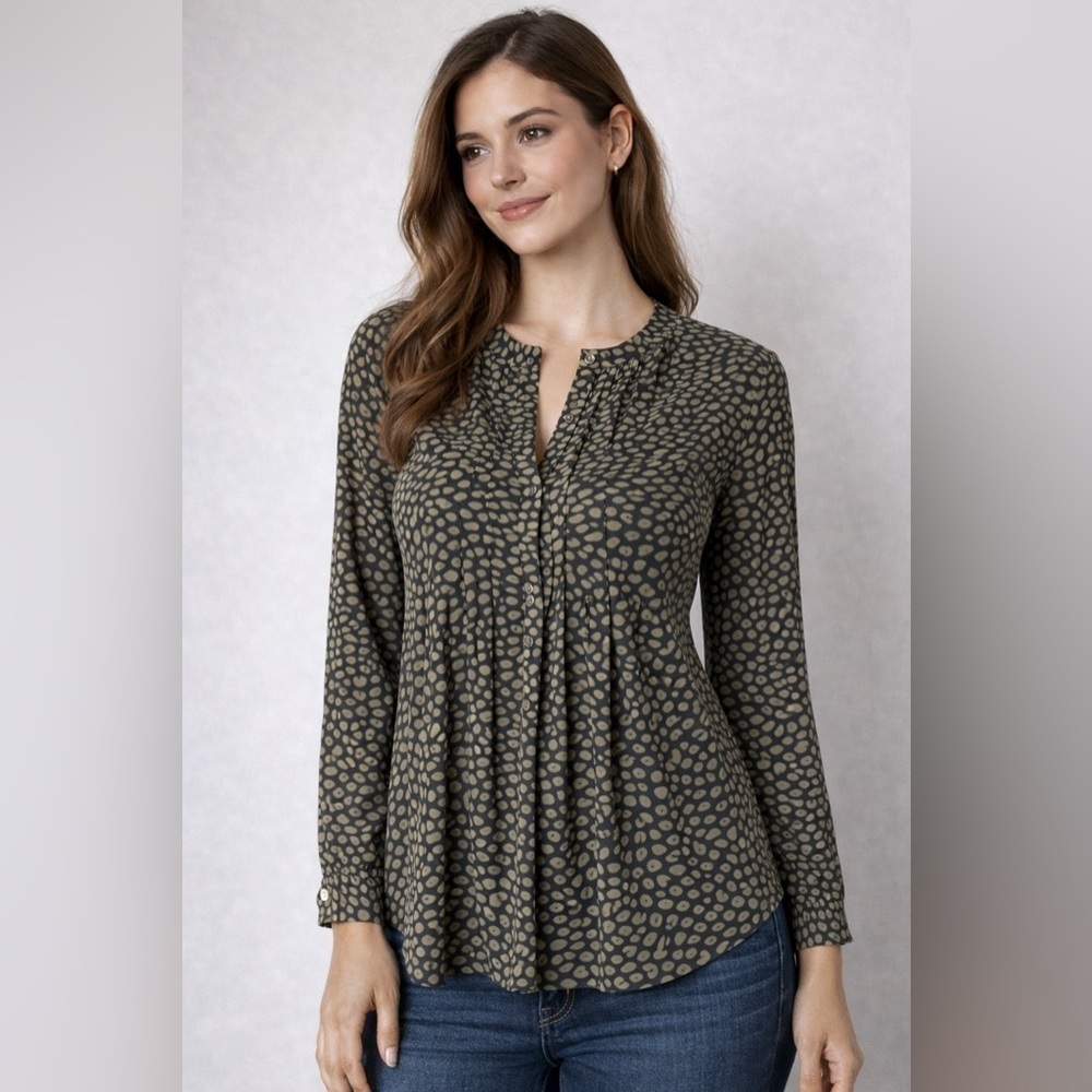 Ann Taylor Green & Black Printed Long Sleeve Blouse Size S Pleated Front